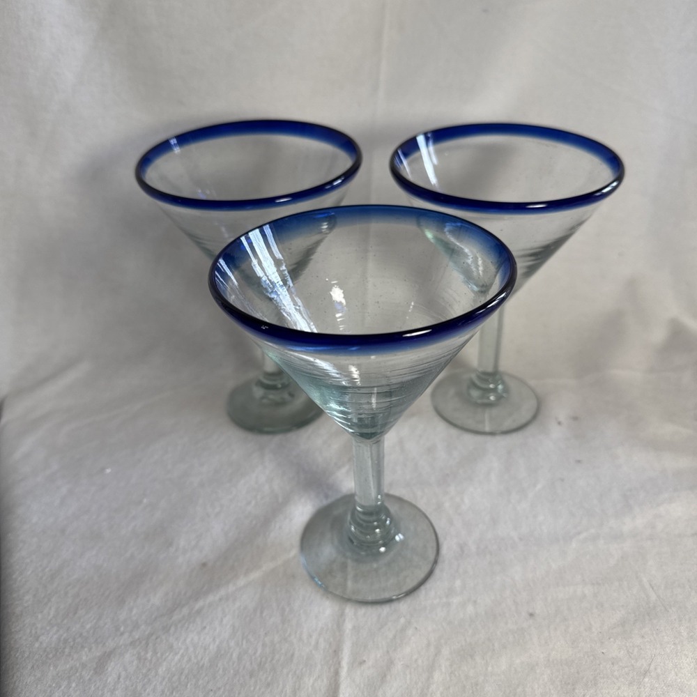 3 Tall Mexican Style Martini Margarita Glass Cobalt Blue Rim Handmade Glass